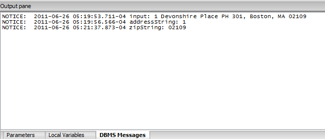DBMS Messages Output pane